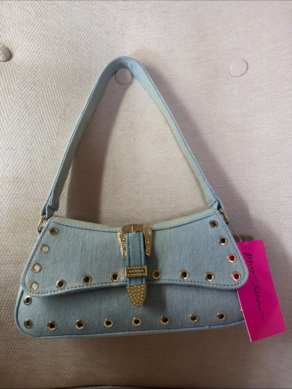 Betsey Johnson Light Blue Denim-Style Shoulder Bag with Gold Studs